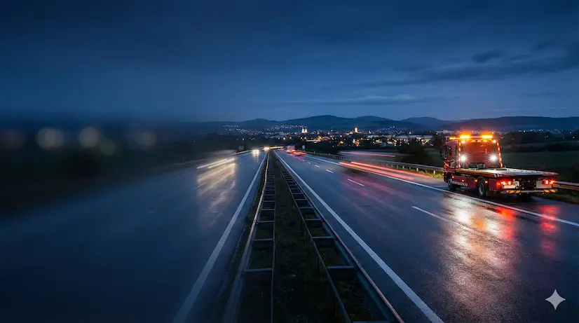 Roter Abschleppwagen von Pablo e.U. im nächtlichen Einsatz auf der A2 Südautobahn bei Wiener Neustadt