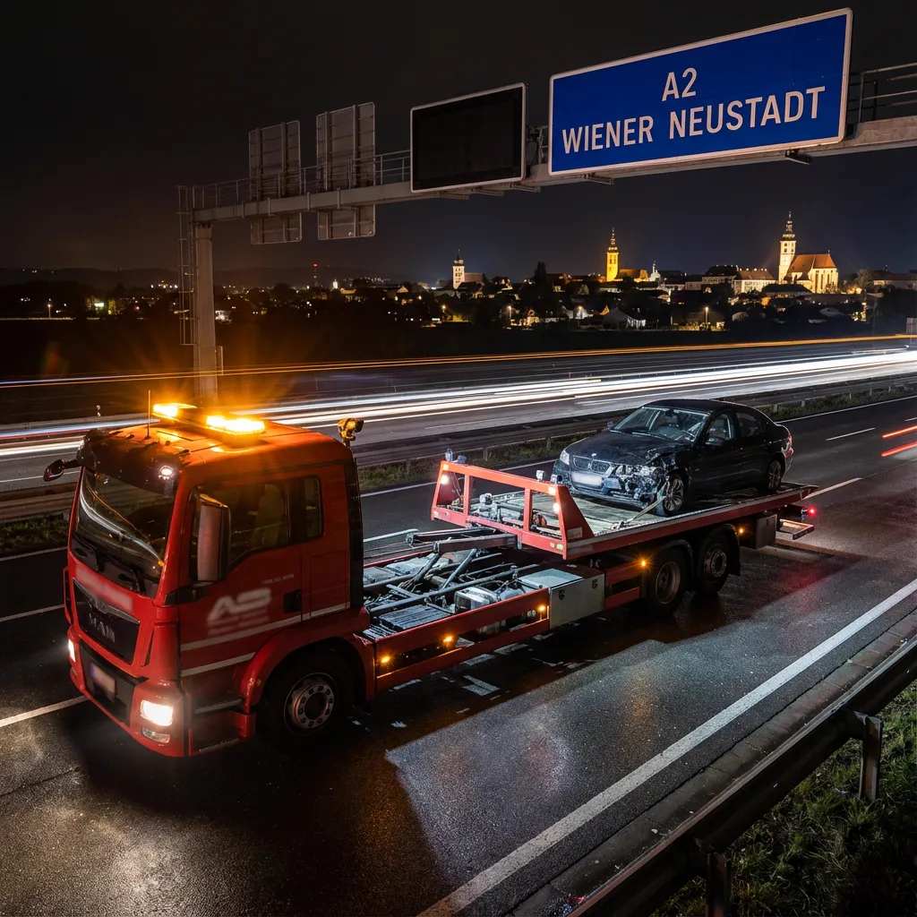 Roter Abschleppwagen von Pablo e.U. im Einsatz auf der A2 Südautobahn bei Wiener Neustadt.